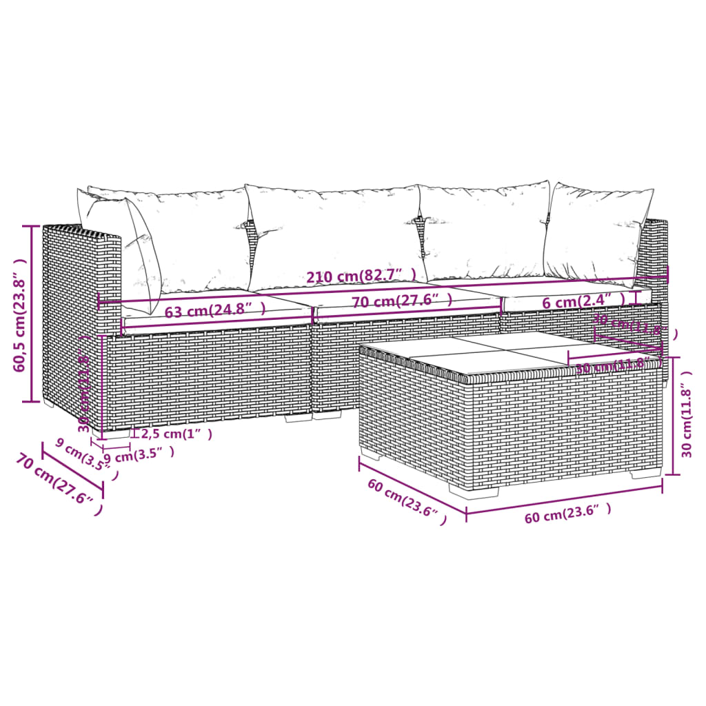 Ogród polirattanowy zestaw wypoczynkowy z poduszkami (czarny, 60x60x30 cm)