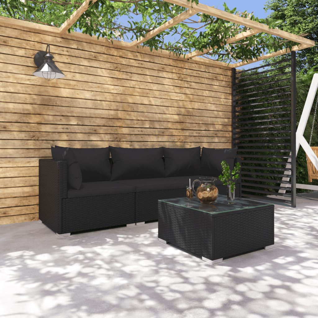 Salon de jardin 4 pcs avec coussins Résine tressée Noir