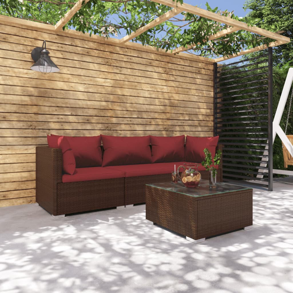 vida XL 4-tlg. Garten-Lounge-Set mit Kissen Poly Rattan Braun