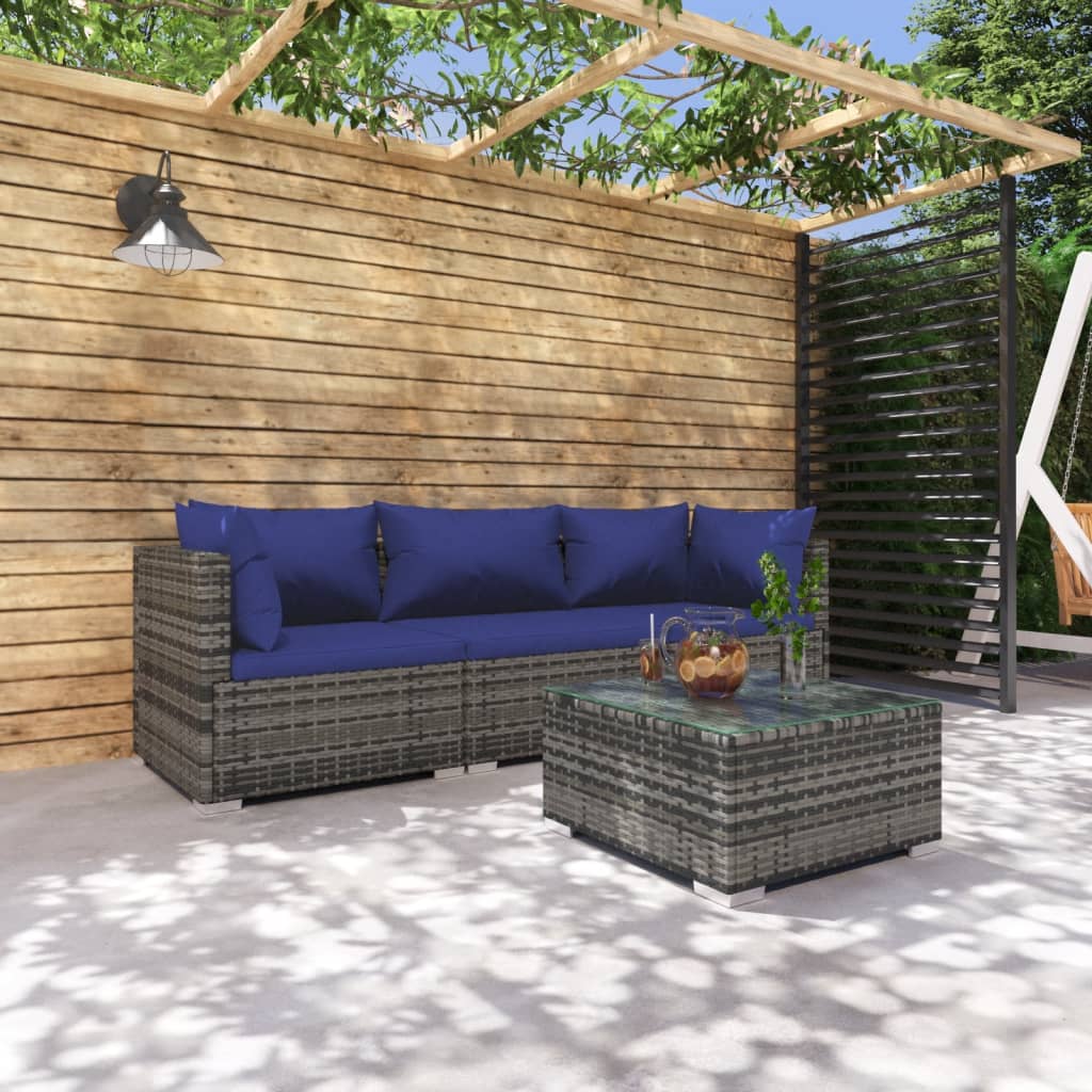 vida XL 4-tlg. Garten-Lounge-Set mit Kissen Poly Rattan Grau