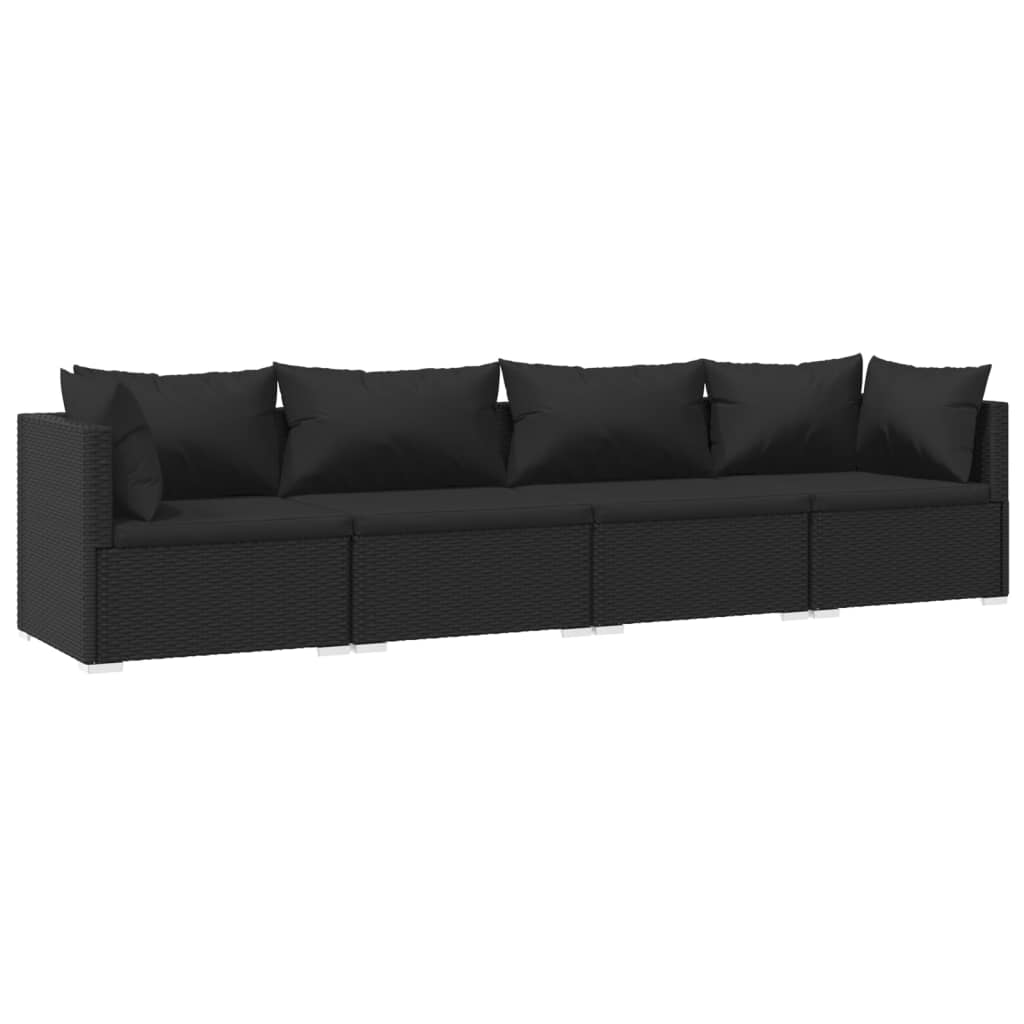 Set mobilier de grădină cu perne, 4 piese, negru, poliratan