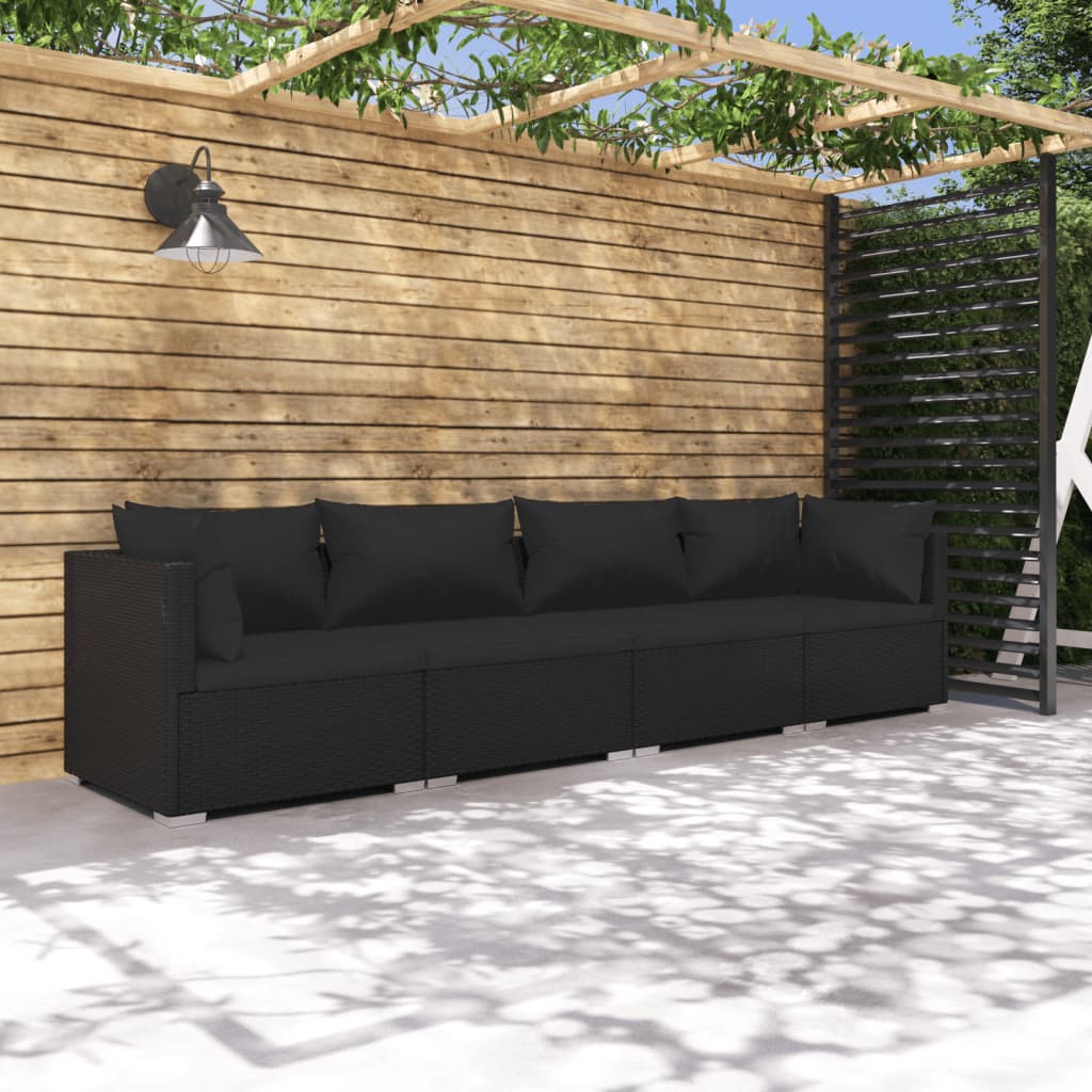 vidaXL 4-tlg. Garten-Lounge-Set mit Auflagen Poly Rattan Schwarz