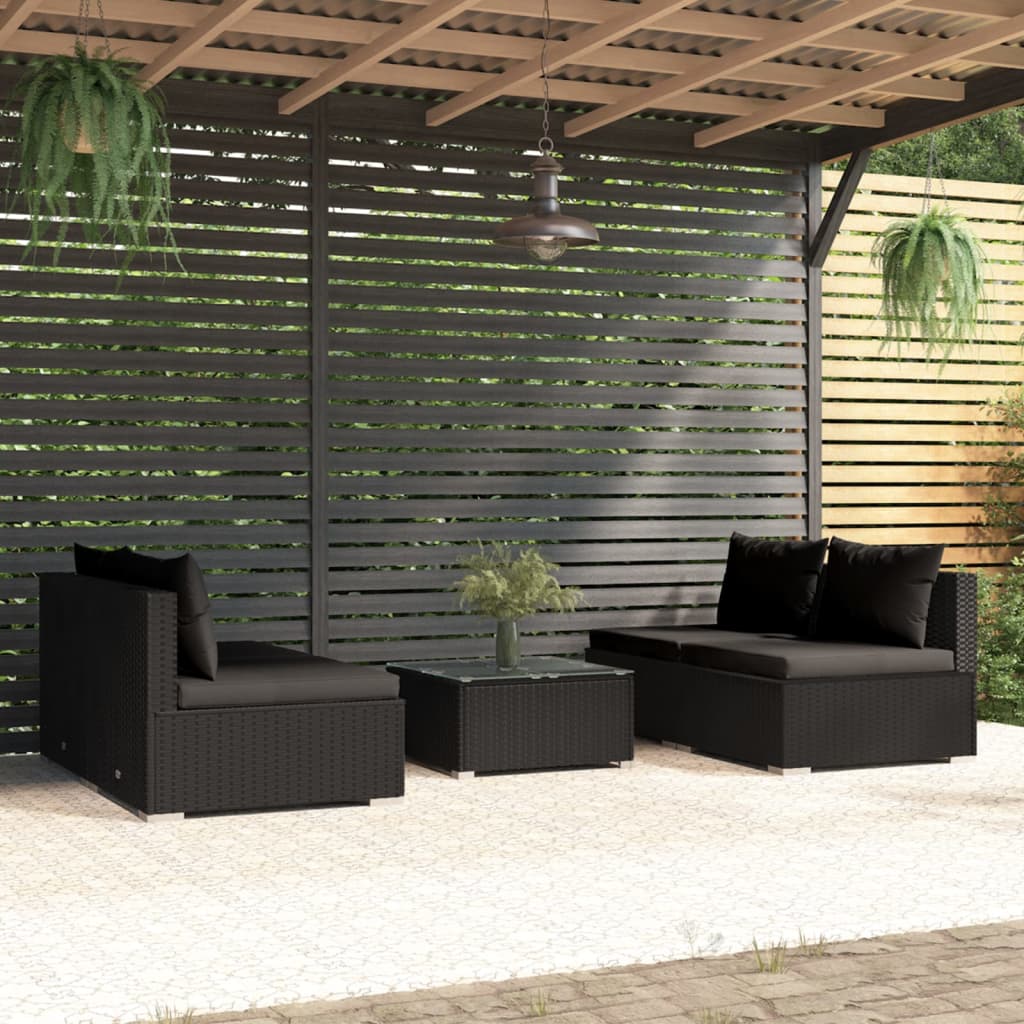 vida XL 5-tlg. Garten-Lounge-Set mit Kissen Poly Rattan Schwarz