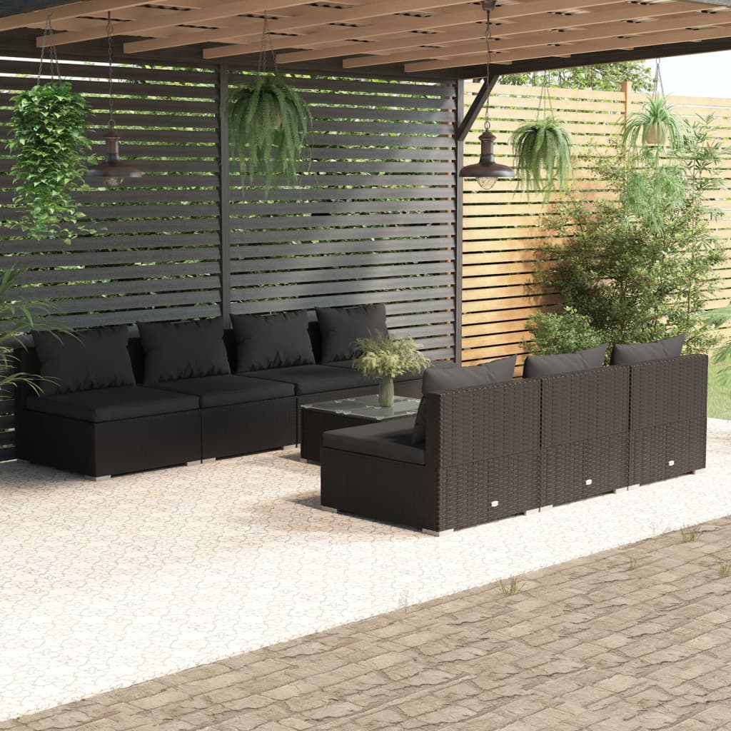 vidaXL 8 pcs conjunto lounge de jardim c/ almofadões vime PE preto