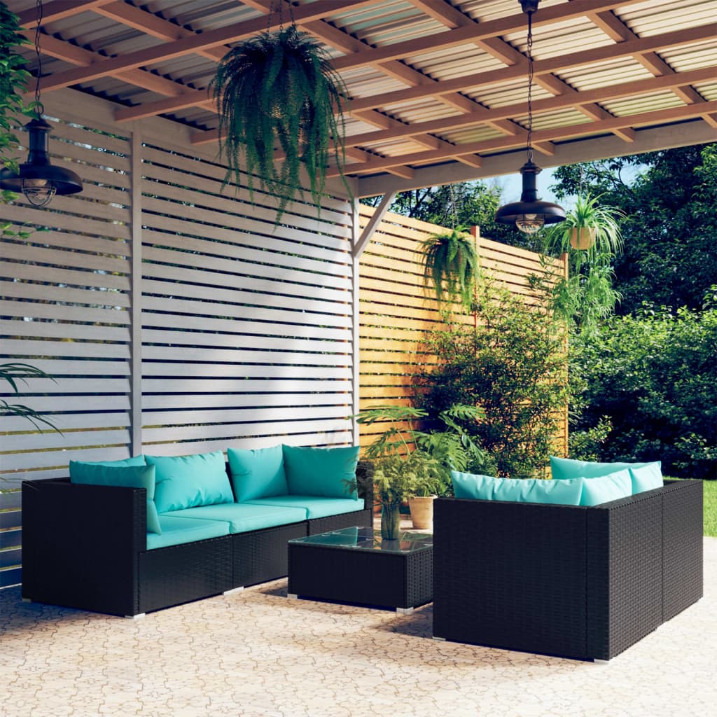 Salon de jardin 6 pcs avec coussins résine tressée noir
