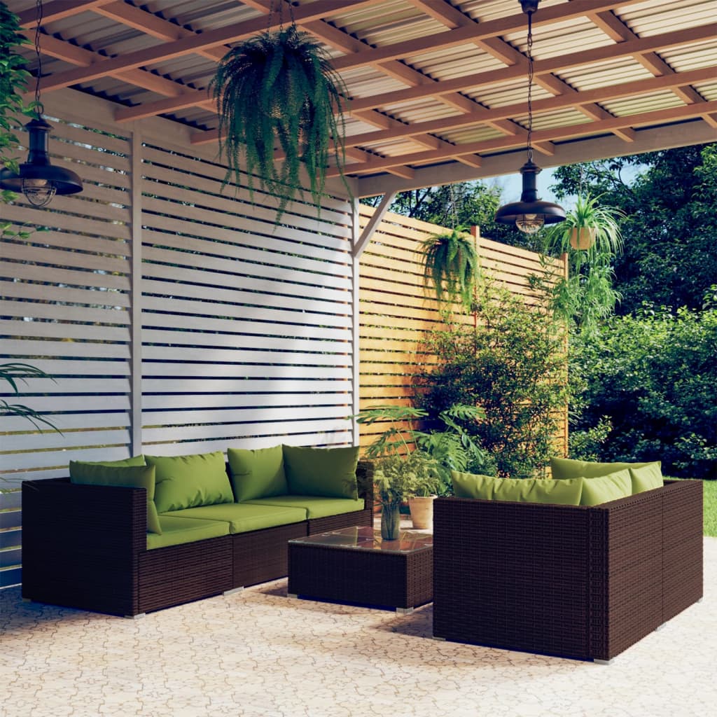 vidaXL Set Divani da Giardino 6 pz con Cuscini in Polyrattan Marrone