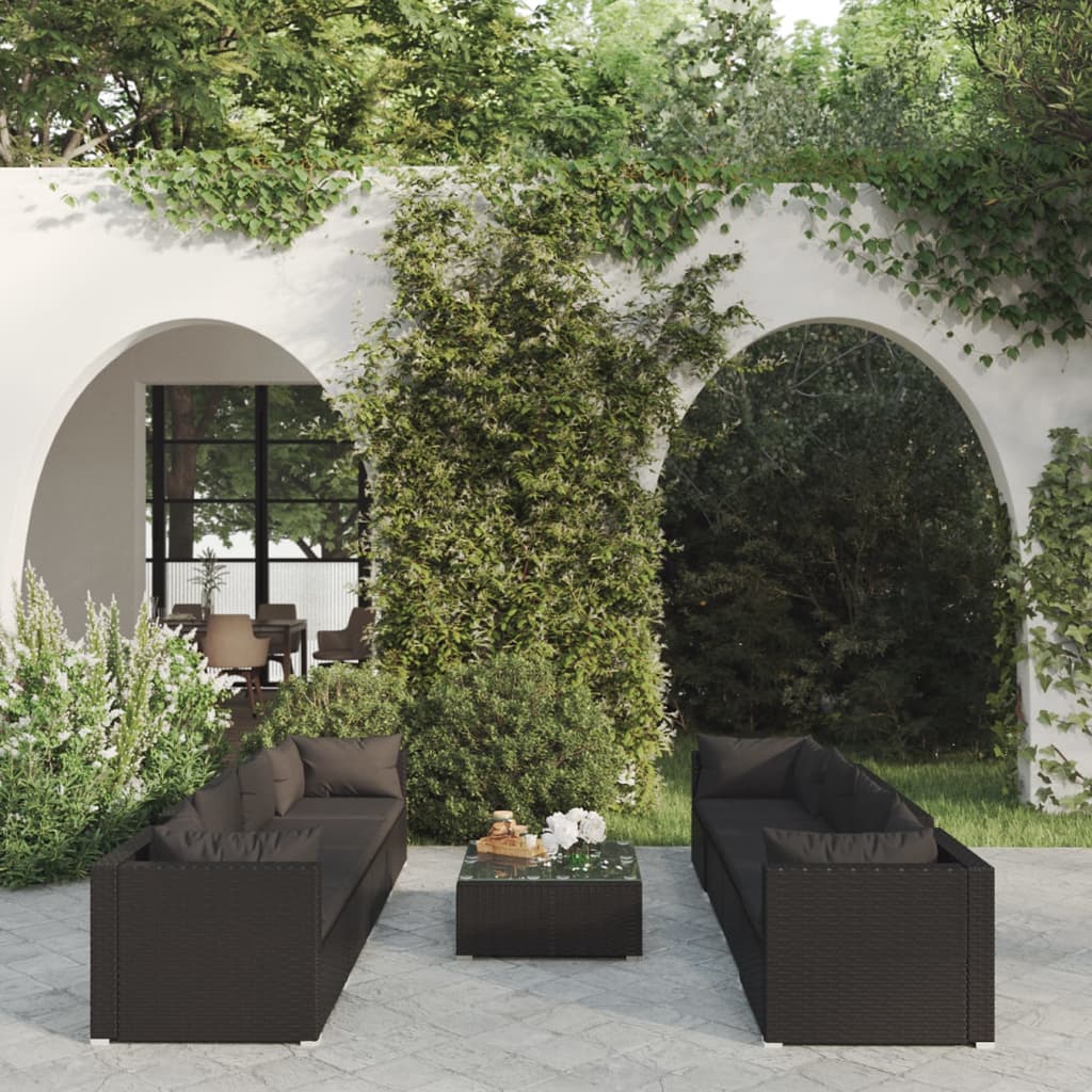 vida XL 9-tlg. Garten-Lounge-Set mit Kissen Poly Rattan Schwarz