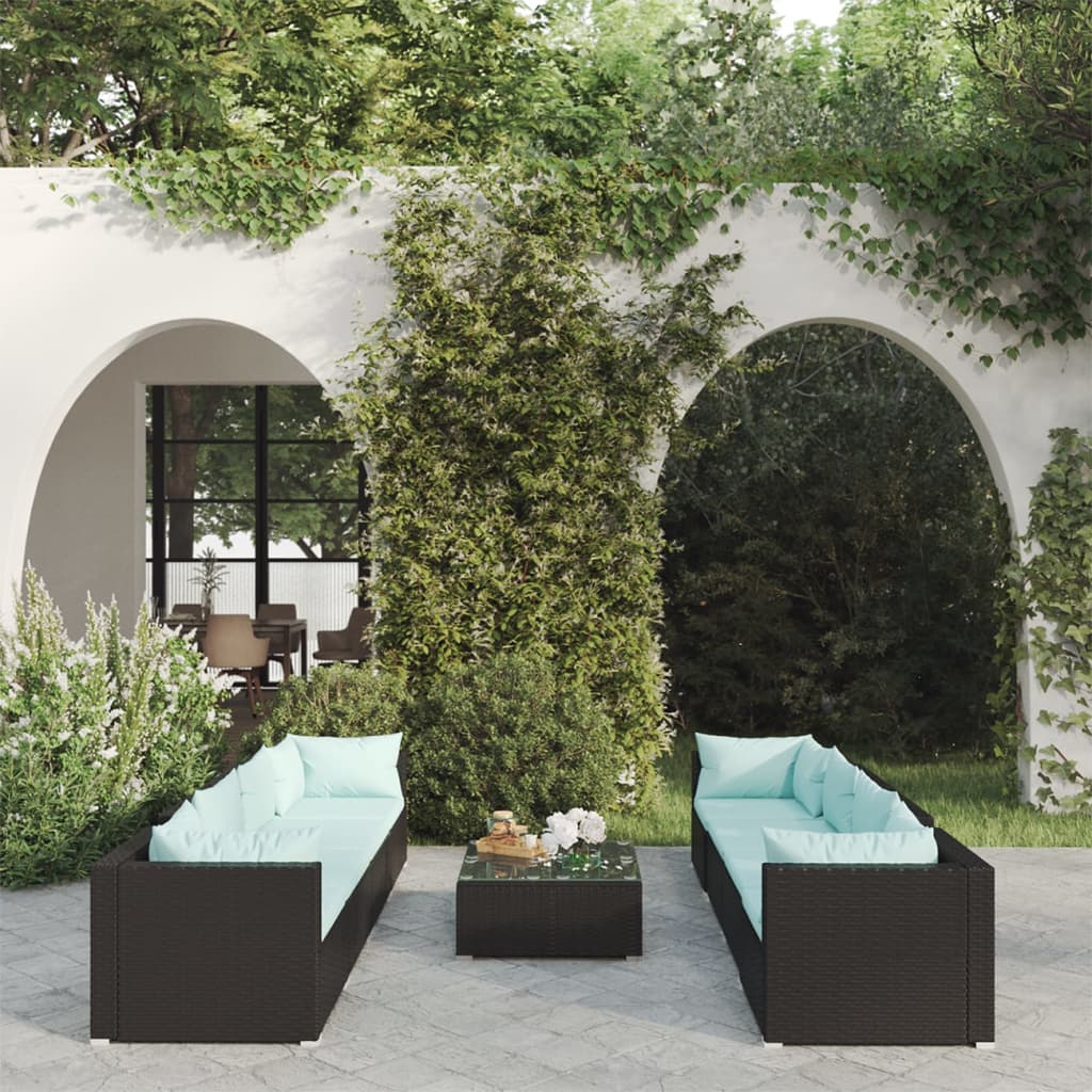 vidaXL Set mobilier de grădină cu perne, 9 piese, negru, poliratan Gradina
