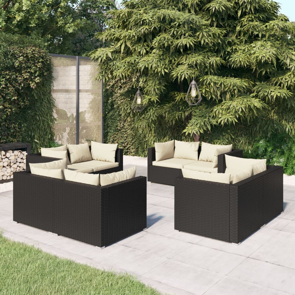 vidaXL Set mobilier de grădină cu perne, 8 piese, negru, poliratan vidaXL
