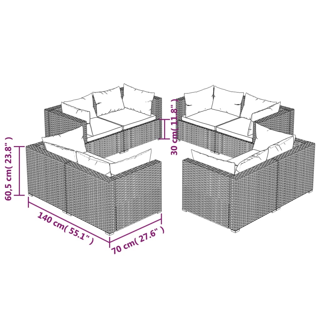 Set mobilier de grădină cu perne, 8 piese, maro, poliratan