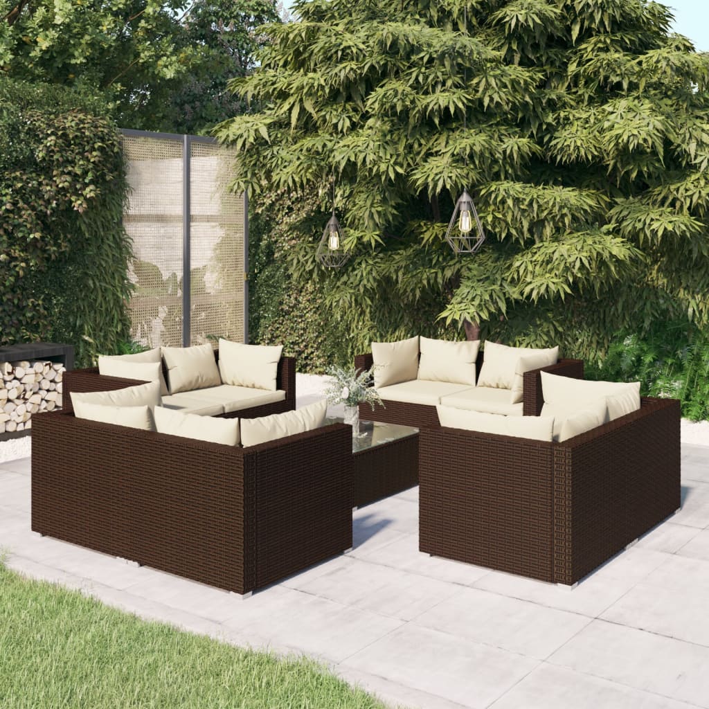 vidaXL 9 pcs conjunto lounge jardim c/ almofadões vime PE castanho