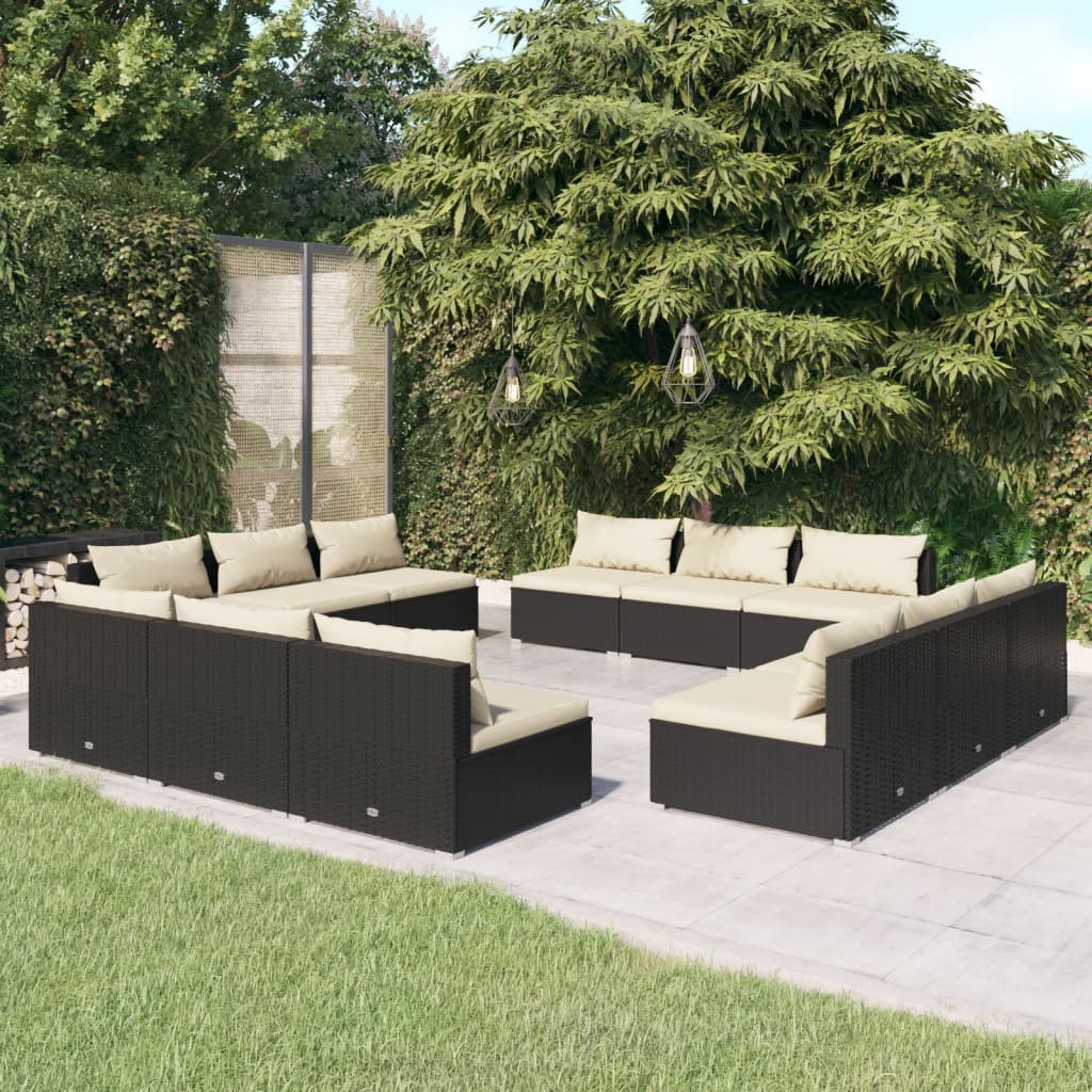 vida XL 12-tlg. Garten-Lounge-Set mit Kissen Poly Rattan Schwarz