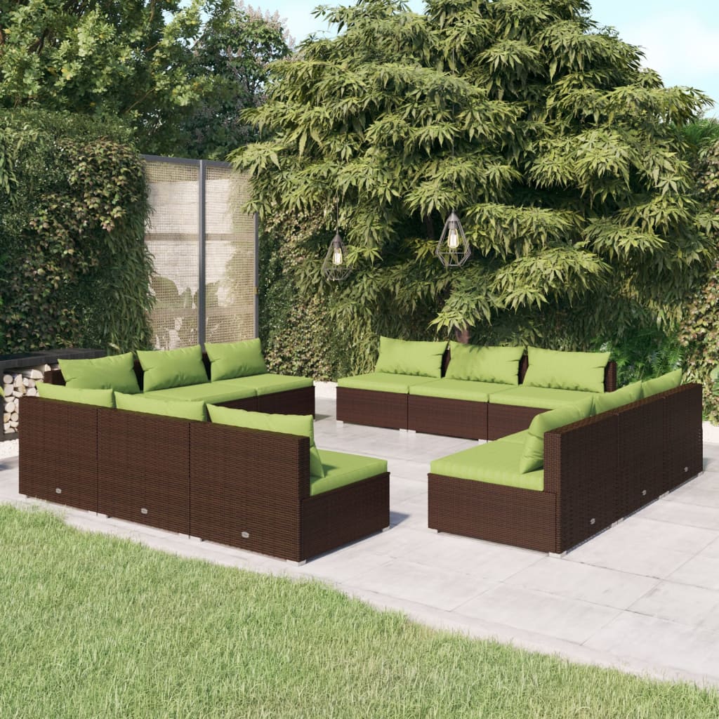 vida XL 12-tlg. Garten-Lounge-Set mit Kissen Poly Rattan Braun