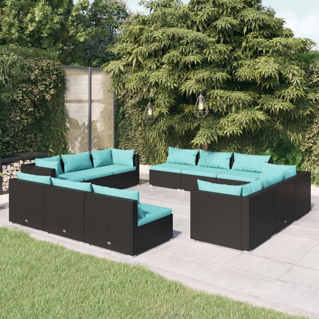 vidaXL Set mobilier de grădină cu perne, 12 piese, negru, poliratan vidaXL