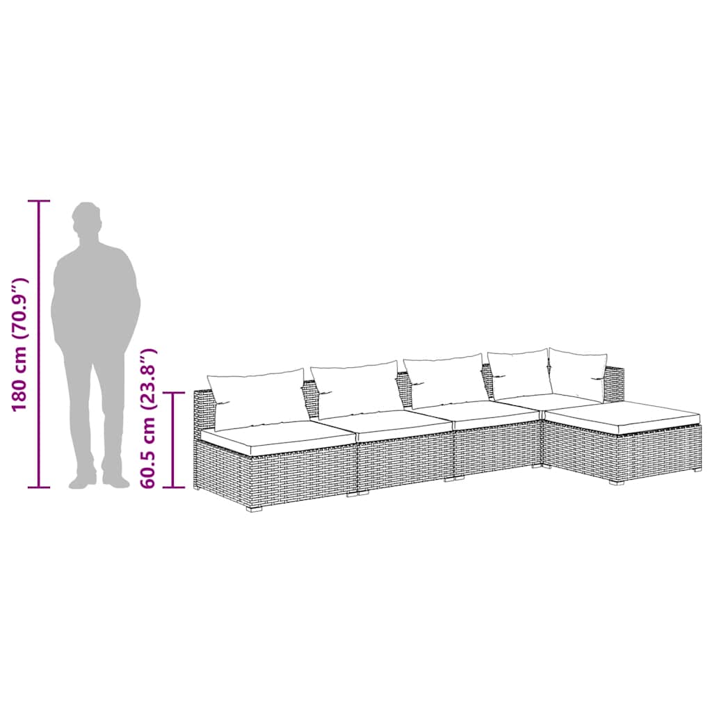 Vrtna sedežna garnitura 5-delna z blazinami poli ratan siva - slika 10