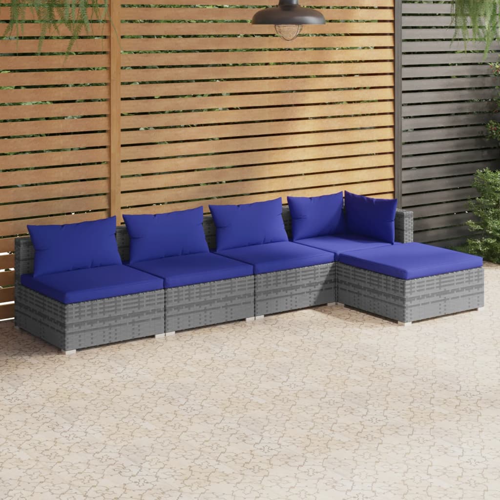 5-tlg. Garten-Lounge-Set mit Kissen Poly Rattan Grau