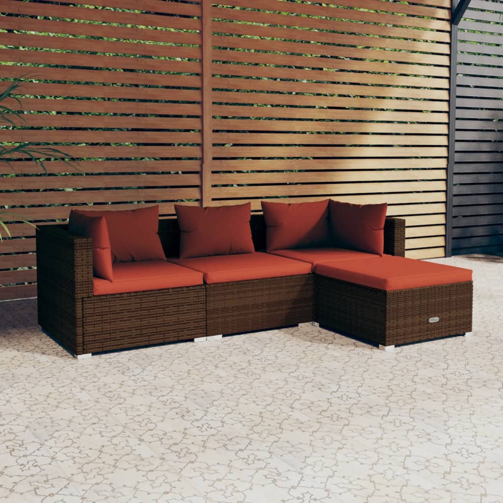 4-tlg. Garten-Lounge-Set mit Auflagen Poly Rattan Braun