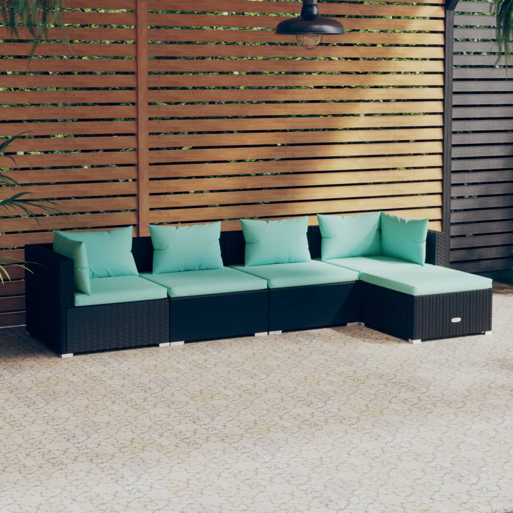 vidaXL 5-tlg. Garten-Lounge-Set mit Kissen Poly Rattan Schwarz