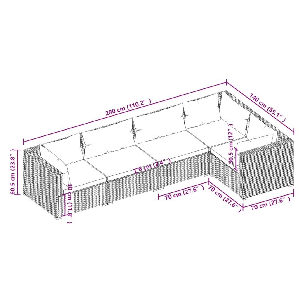 5 részes barna polyrattan kerti ülőgarnitúra párnákkal