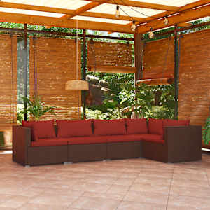 Vrtna sedežna garnitura 5-delna z blazinami poli ratan rjava