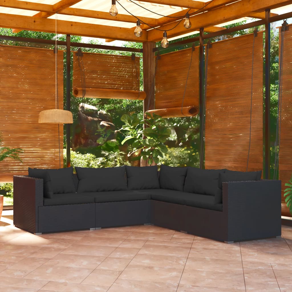 vidaXL Set mobilier de grădină cu perne, 5 piese, negru, poliratan vidaXL
