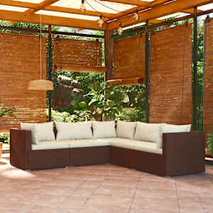 Vrtna sedežna garnitura 5-delna z blazinami poli ratan rjava