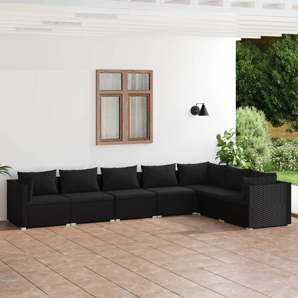 Salon de jardin 7 pcs avec coussins Résine tressée Noir