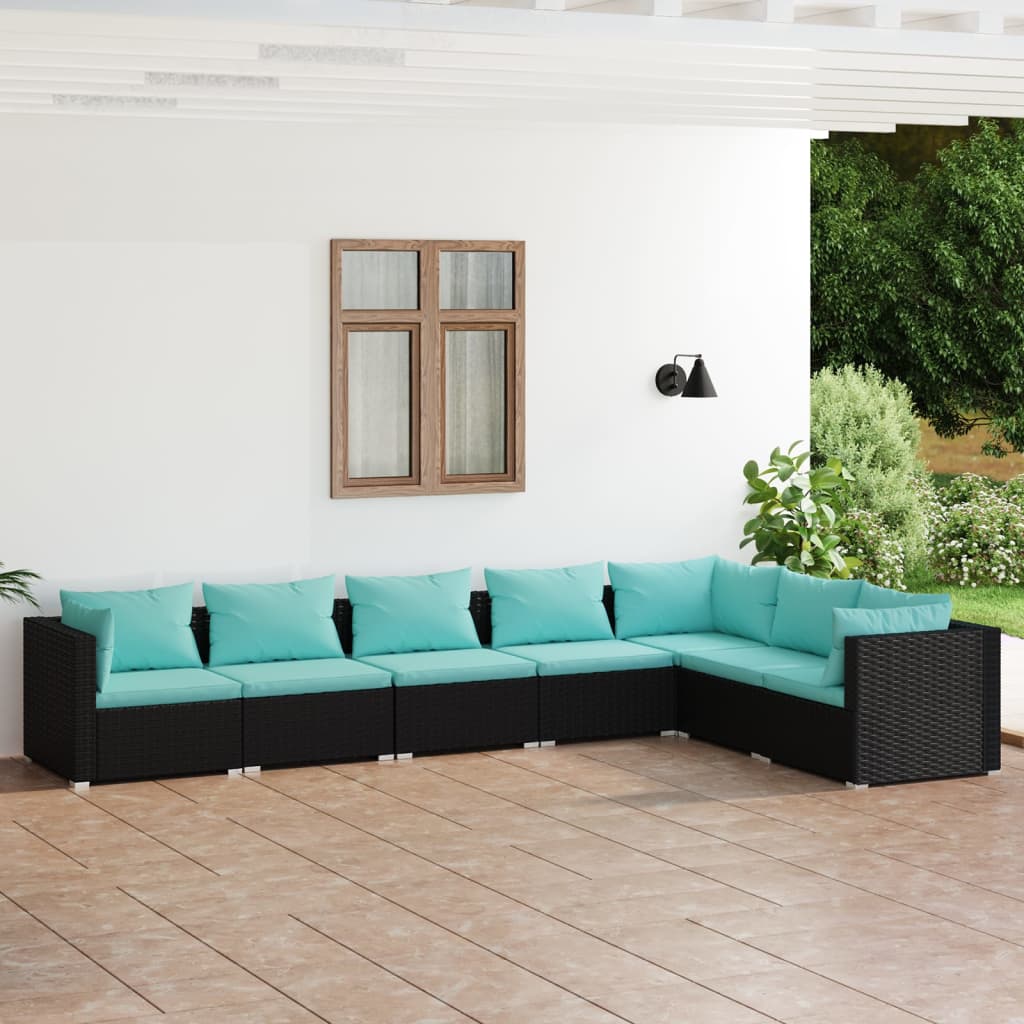 vida XL 7-tlg. Garten-Lounge-Set mit Kissen Poly Rattan Schwarz