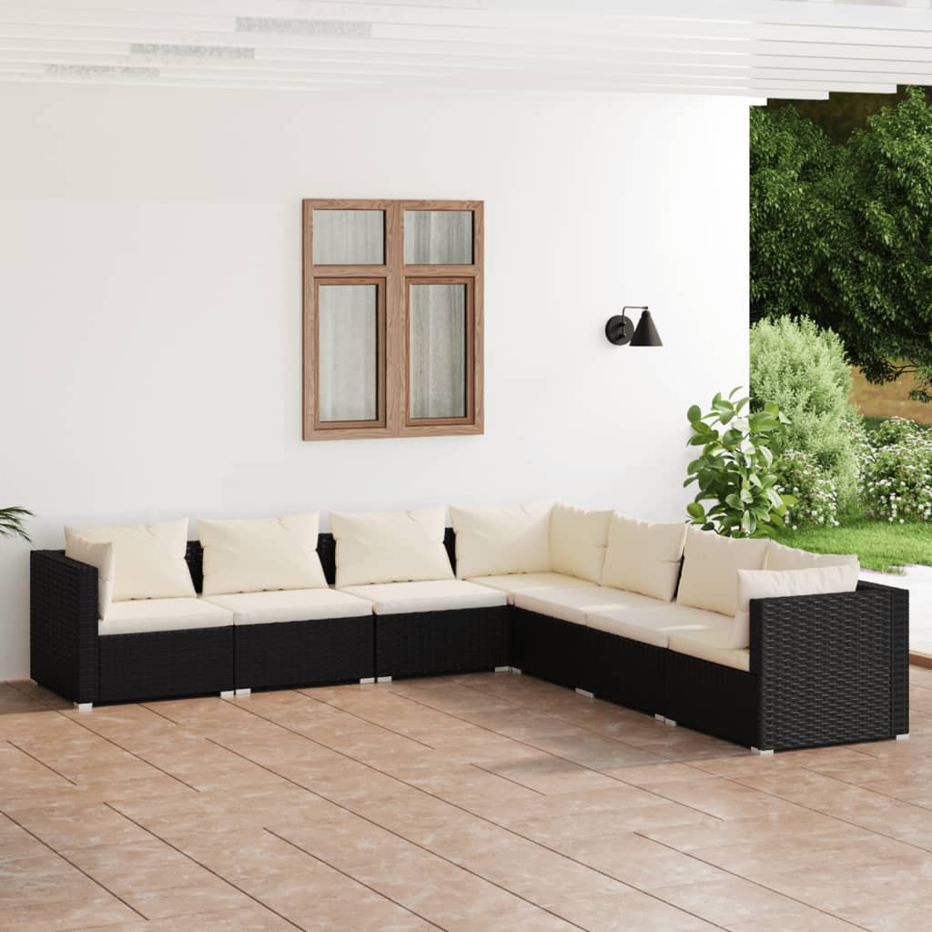 vidaXL Set mobilier de grădină cu perne, 7 piese, negru, poliratan