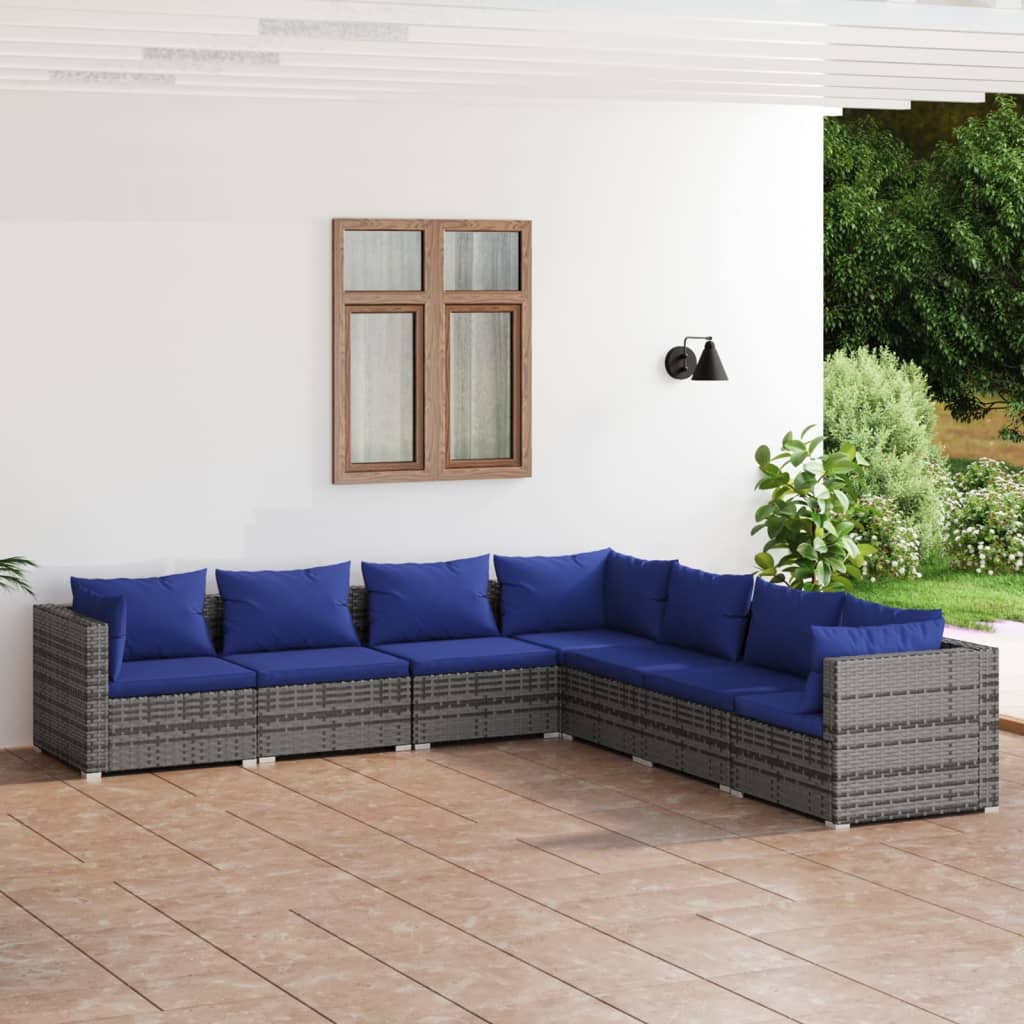 Salon de jardin 7 pcs avec coussins résine tressée gris