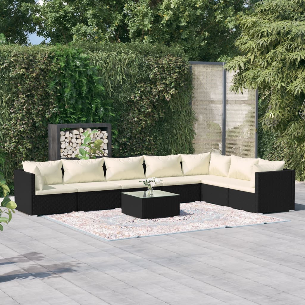 Zestaw wypoczynkowy ogrodowy - solidna rama, rattan PE, czarny, kremowe poduszki, 70x70x60,5 cm.