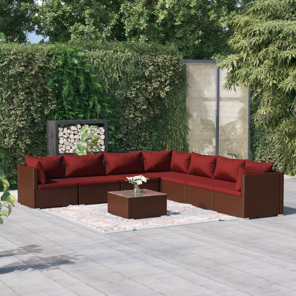 vida XL 8-tlg. Garten-Lounge-Set mit Kissen Poly Rattan Braun