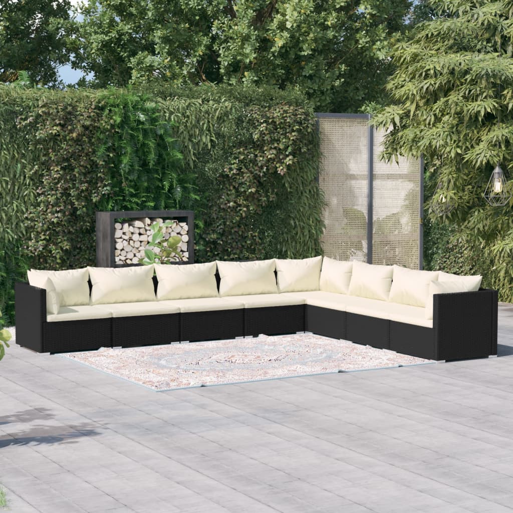 Zestaw wypoczynkowy ogrodowy, 3 narożne sofy, 5 środkowych sof, czarny, kremowe poduszki