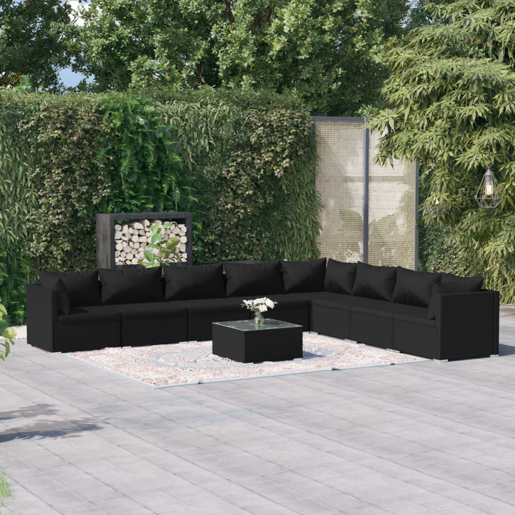 vidaXL Set mobilier de grădină cu perne, 9 piese, negru, poliratan vidaXL