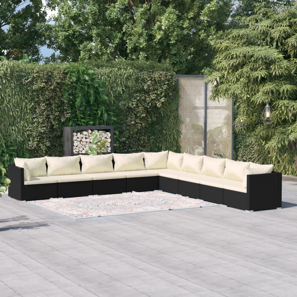 vidaXL Set mobilier de grădină cu perne, 9 piese, negru, poliratan vidaXL