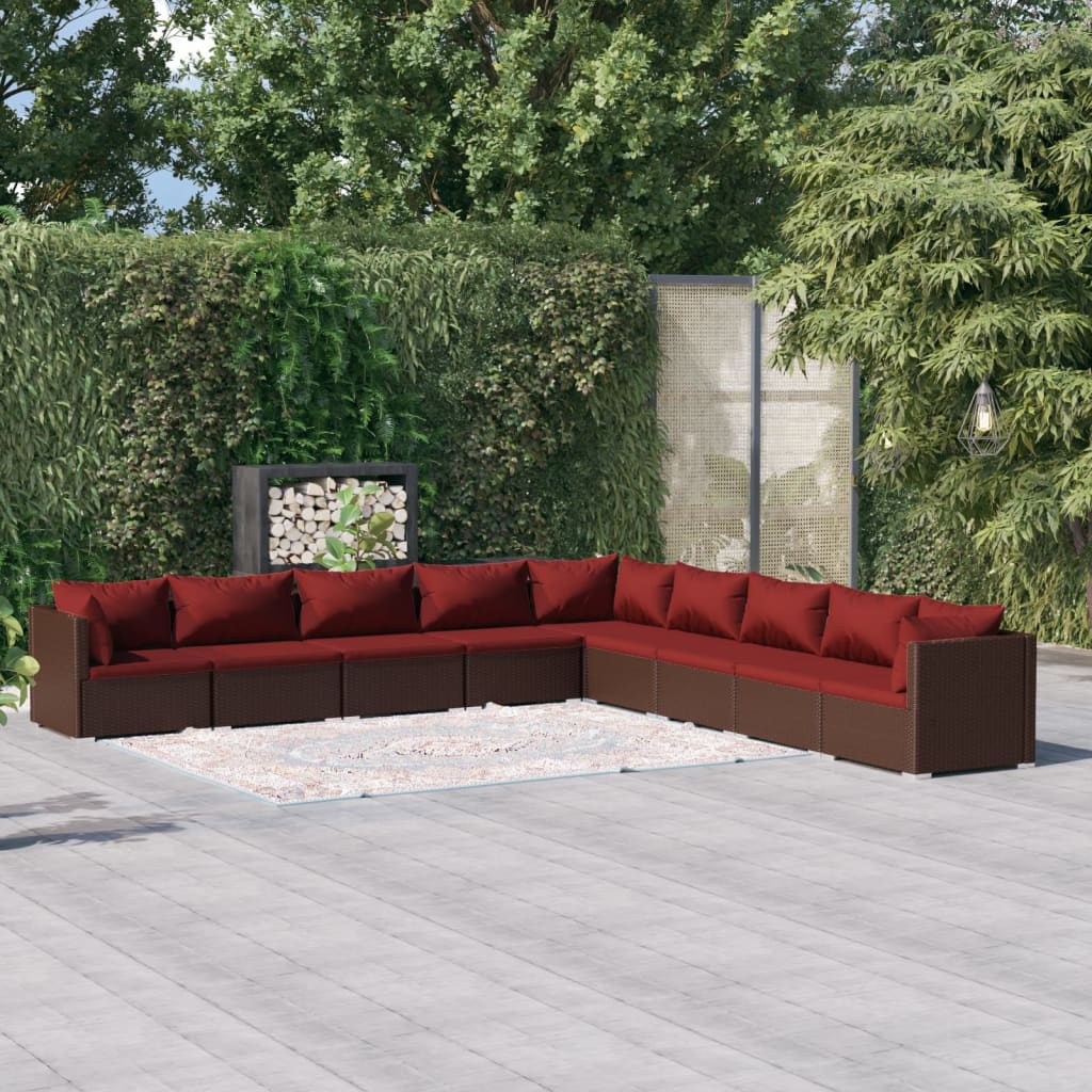 vida XL 9-tlg. Garten-Lounge-Set mit Kissen Poly Rattan Braun