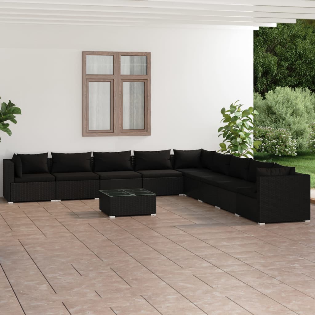 vidaXL Set mobilier de grădină cu perne, 10 piese, negru, poliratan vidaXL