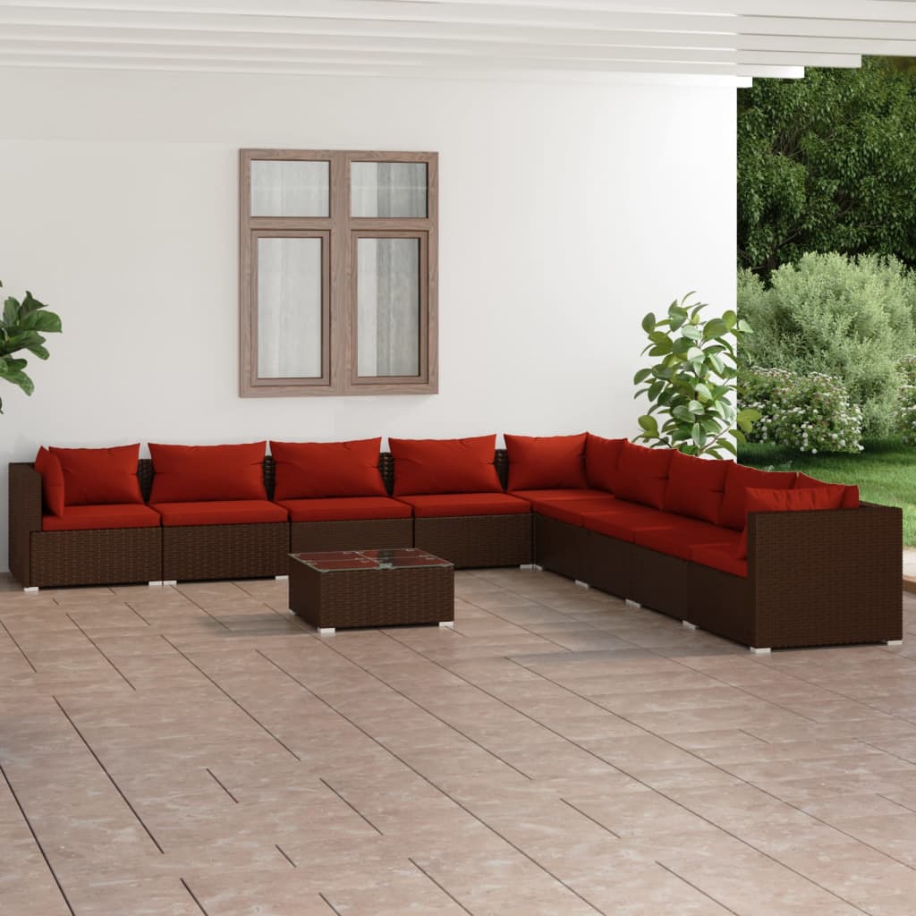 vidaXL Set mobilier de grădină cu perne, 10 piese, maro, poliratan