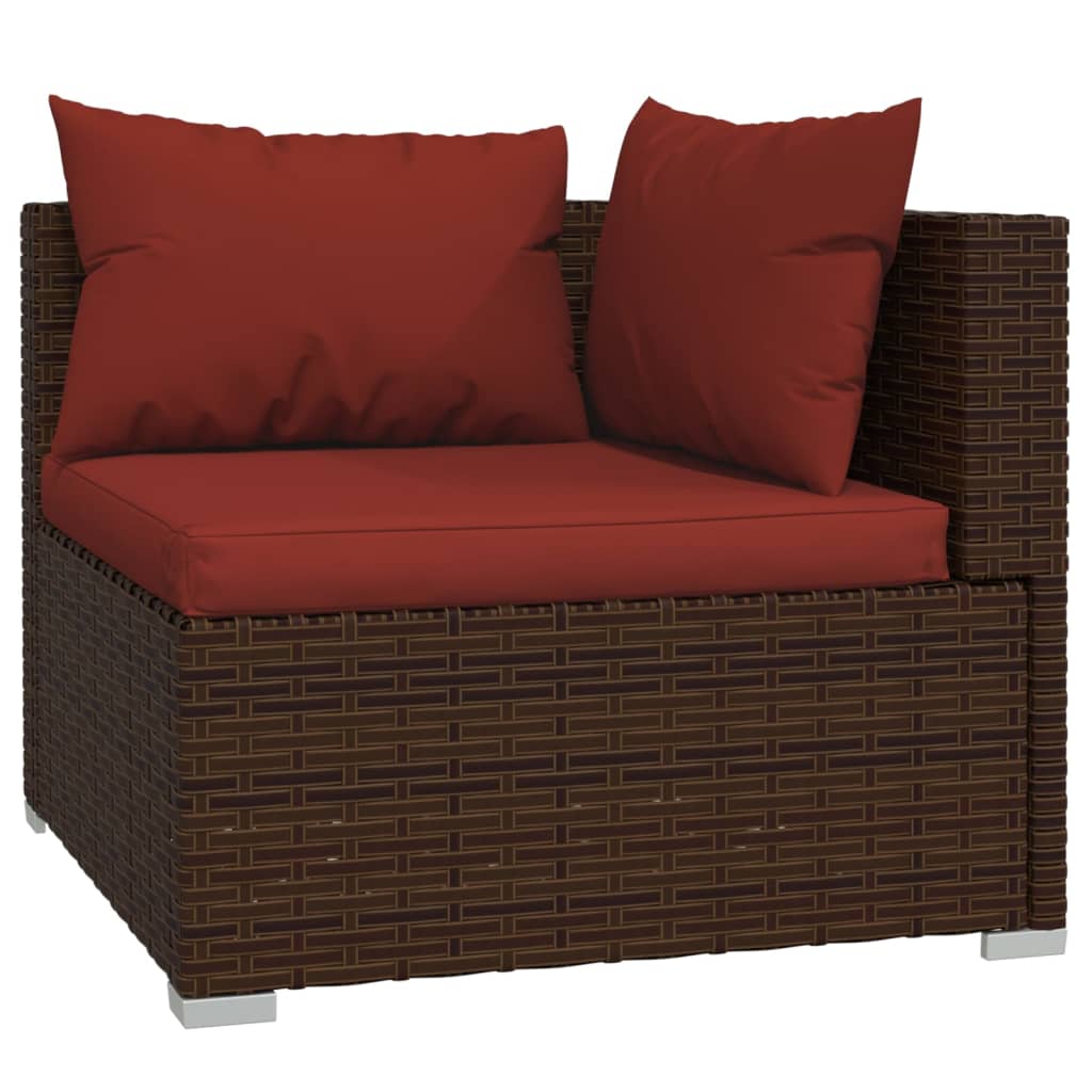 Zestaw wypoczynkowy ogrodowy polirattanowy brązowy 2x sofa narożna, 2x sofa środkowa, 2x stołek + poduszki