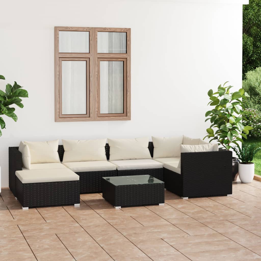 vidaXL Set mobilier de grădină cu perne, 7 piese, negru, poliratan vidaXL