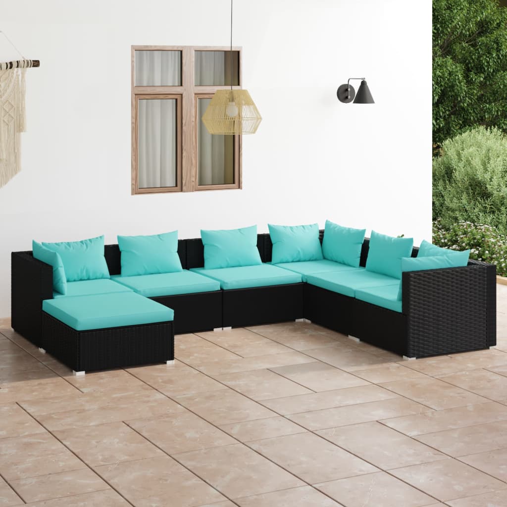 vidaXL Set mobilier de grădină cu perne, 7 piese, negru, poliratan