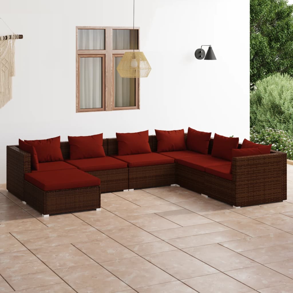 Zestaw wypoczynkowy ogrodowy polirattanowy 3x sofa narożna + 3x sofa środkowa + 1x podnóżek + poduszki