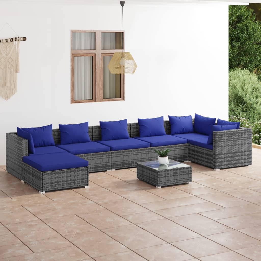 8-tlg. Garten-Lounge-Set mit Kissen Poly Rattan Grau