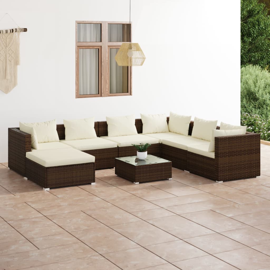 vida XL 8-tlg. Garten-Lounge-Set mit Kissen Poly Rattan Braun