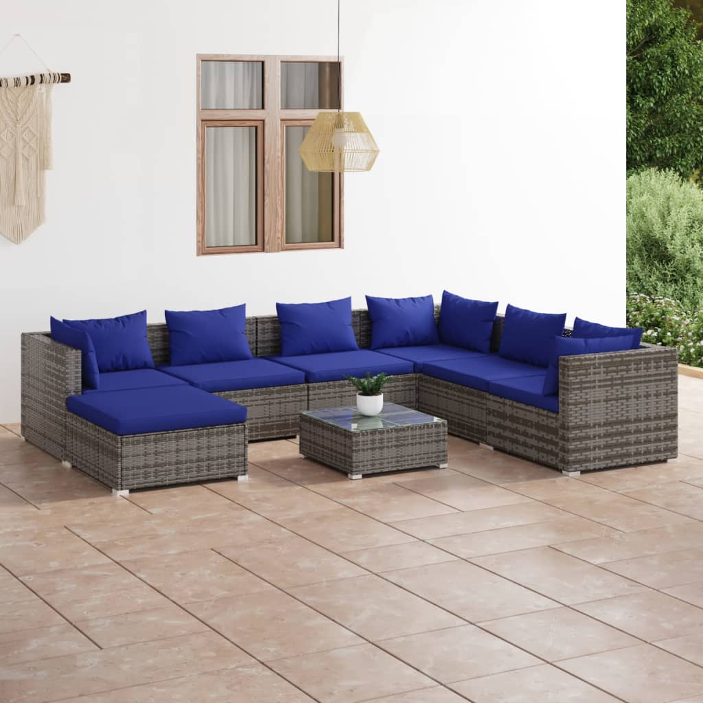 vida XL 8-tlg. Garten-Lounge-Set mit Kissen Poly Rattan Grau