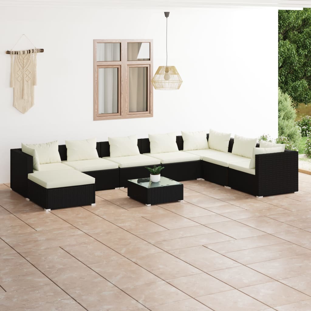 vida XL 9-tlg. Garten-Lounge-Set mit Kissen Poly Rattan Schwarz