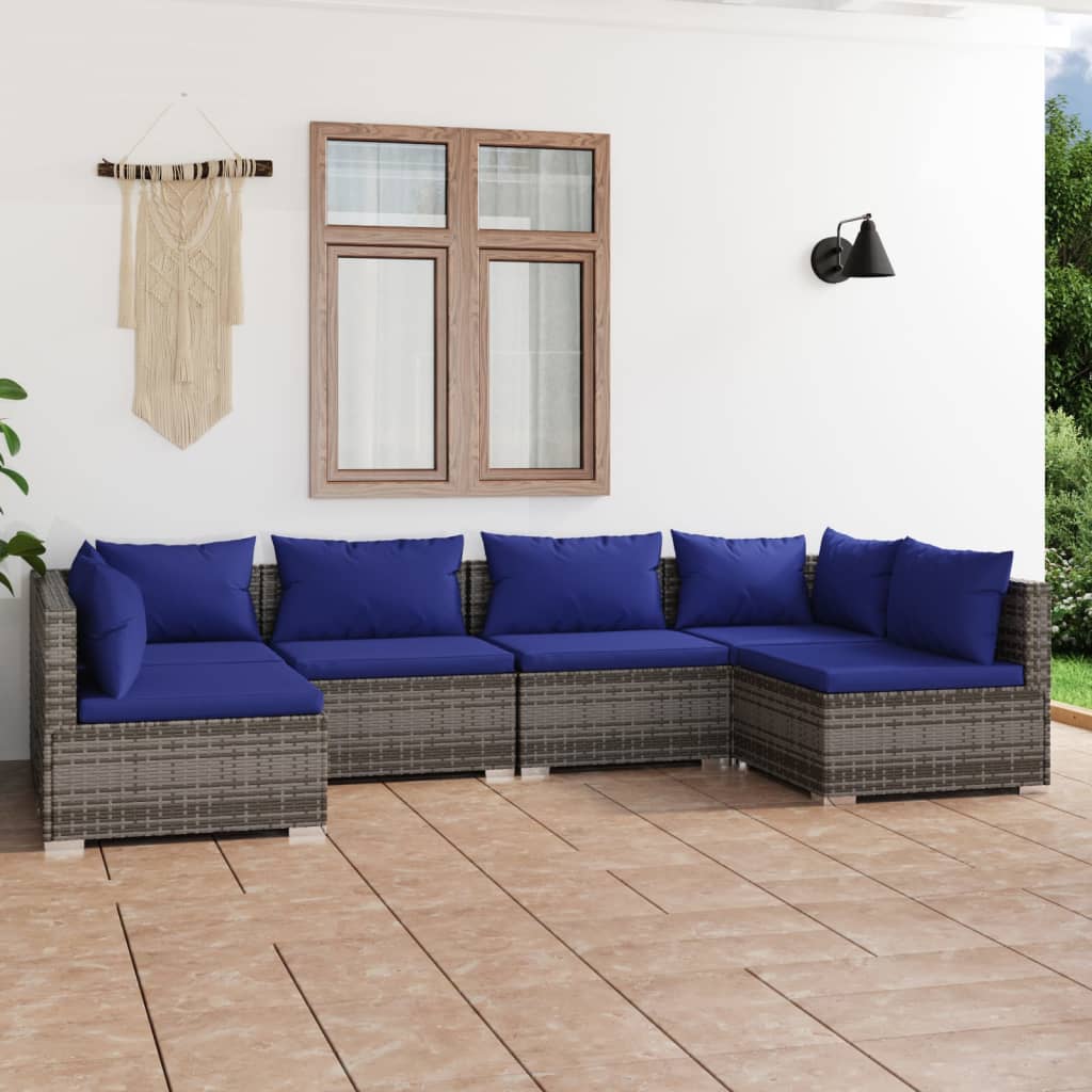 Salon de jardin 6 pcs avec coussins Résine tressée Gris