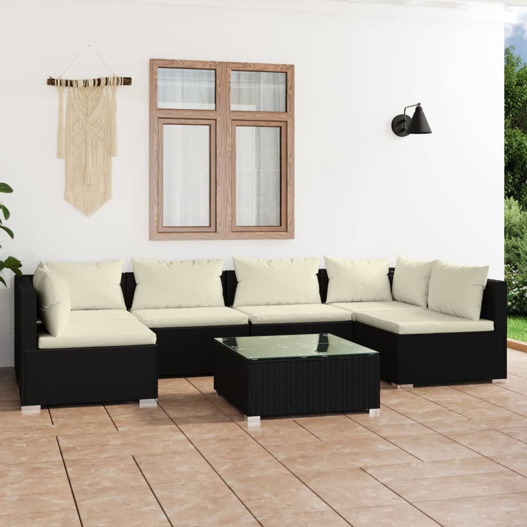 vidaXL Set mobilier de grădină cu perne, 7 piese, negru, poliratan