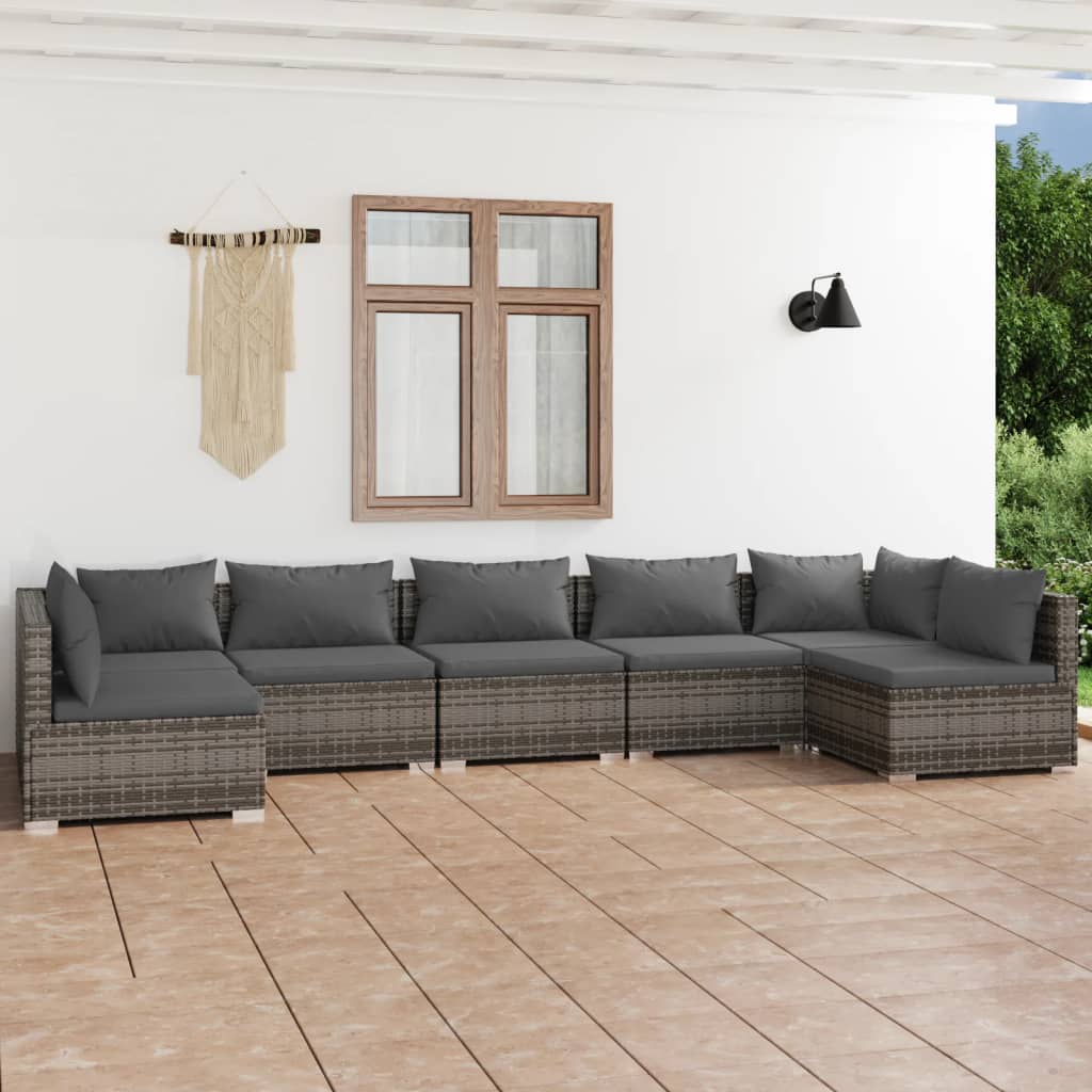 vidaXL Salon de jardin 7 pcs avec coussins Résine tressée Gris