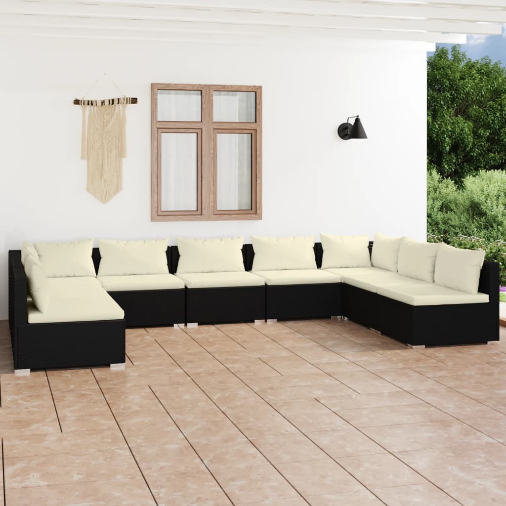 vida XL 9-tlg. Garten-Lounge-Set mit Kissen Poly Rattan Schwarz